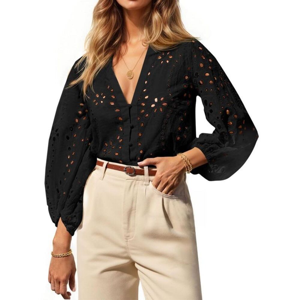 Women's Deep V-Neck Hollow-Out 3/4 Puff Sleeve Blouse - Black L